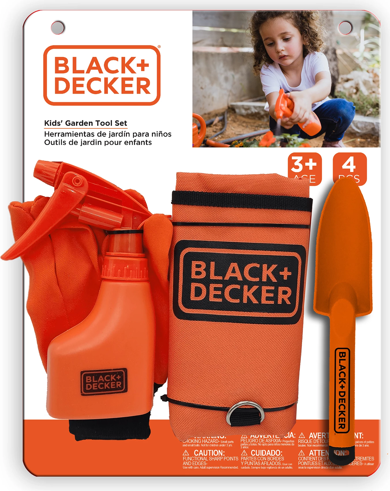 Set kopshtarie për fëmijë Black+Decker SGH020-04-BD, 3+, me përparëse, doreza, mini lopatë, spërkatës, 4 copë
