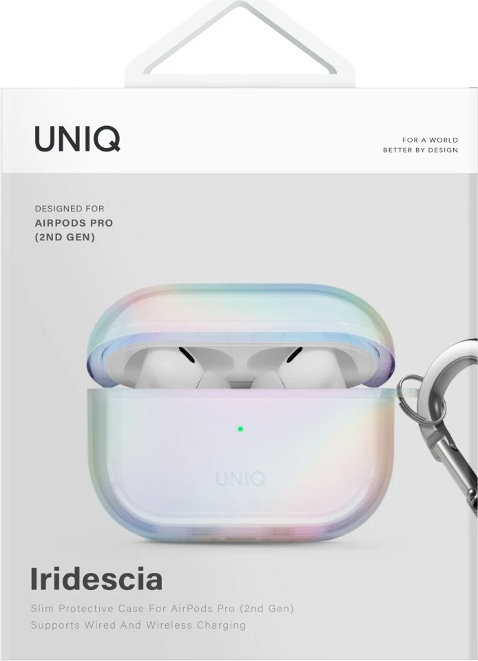 Mbështjellës UNIQ Iridescia për AirPods Pro 2, Holo White me karabiner