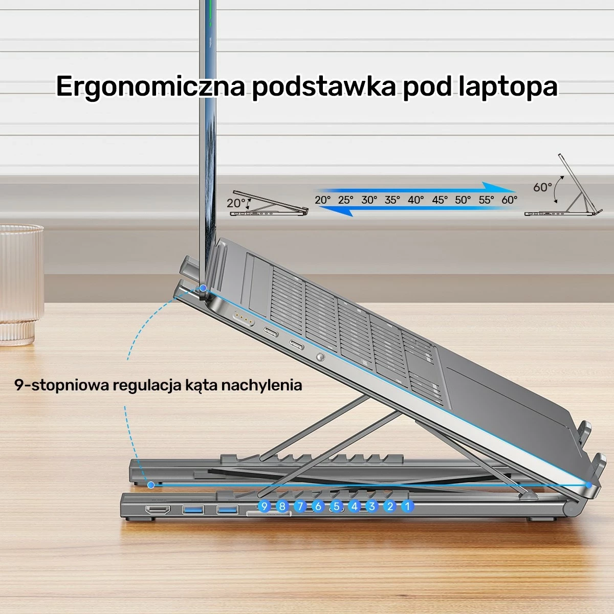 Kasë laptopi Unitek, me hub HDMI/PD/SD, e rregullueshme, ngjyrë argjendtë