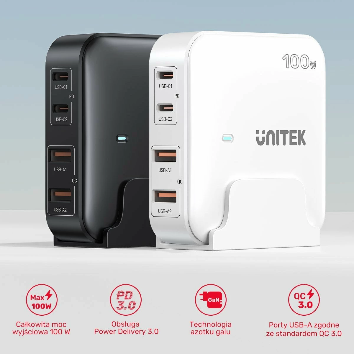 Karikues desktop GaN Unitek P1229A 100W 2x USB-A + 2x USB-C 5A, i zi