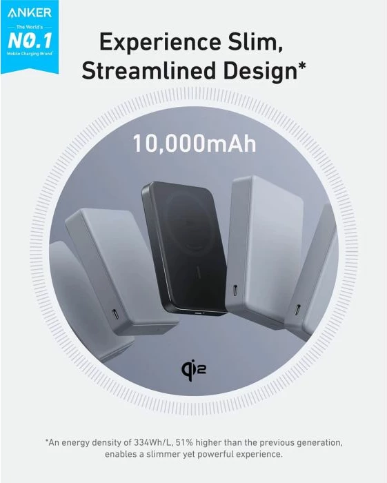 Powerbank magnetik wireless ANKER MagGo 10K Slim A1664, 10000mAh, Qi2 15W, USB-C 30W, e zezë, me kabllo USB-C në USB-C 60 cm