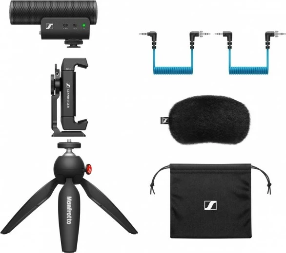 Mikrofon Sennheiser MKE 400 Mobile Kit me tripod Manfrotto, superkardioid, Blu