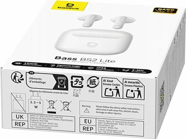 Kufje Baseus Bass BS2 Lite TWS 10mm SuperBass IP55 Bluetooth 6.0 USB-C 7h, të bardha
