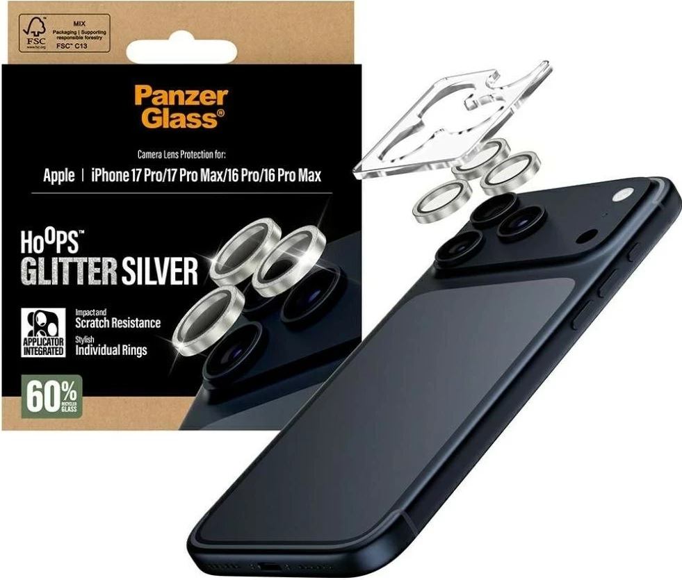 Mbështjellës PanzerGlass Hoops Glitter për kamerë iPhone 16 Pro/16 Pro Max/17 Pro/17 Pro Max, argjendtë