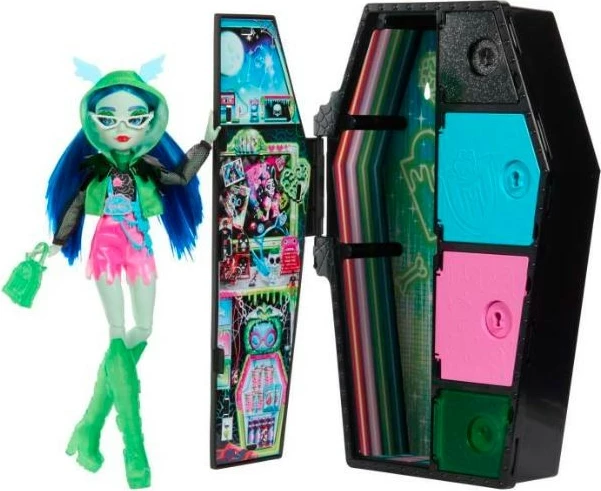 Kukull Monster High Mattel Ghoulia Yelps Skulltimate Secrets Neon Frights me kasafortë dhe aksesorë, shumëngjyrëshe