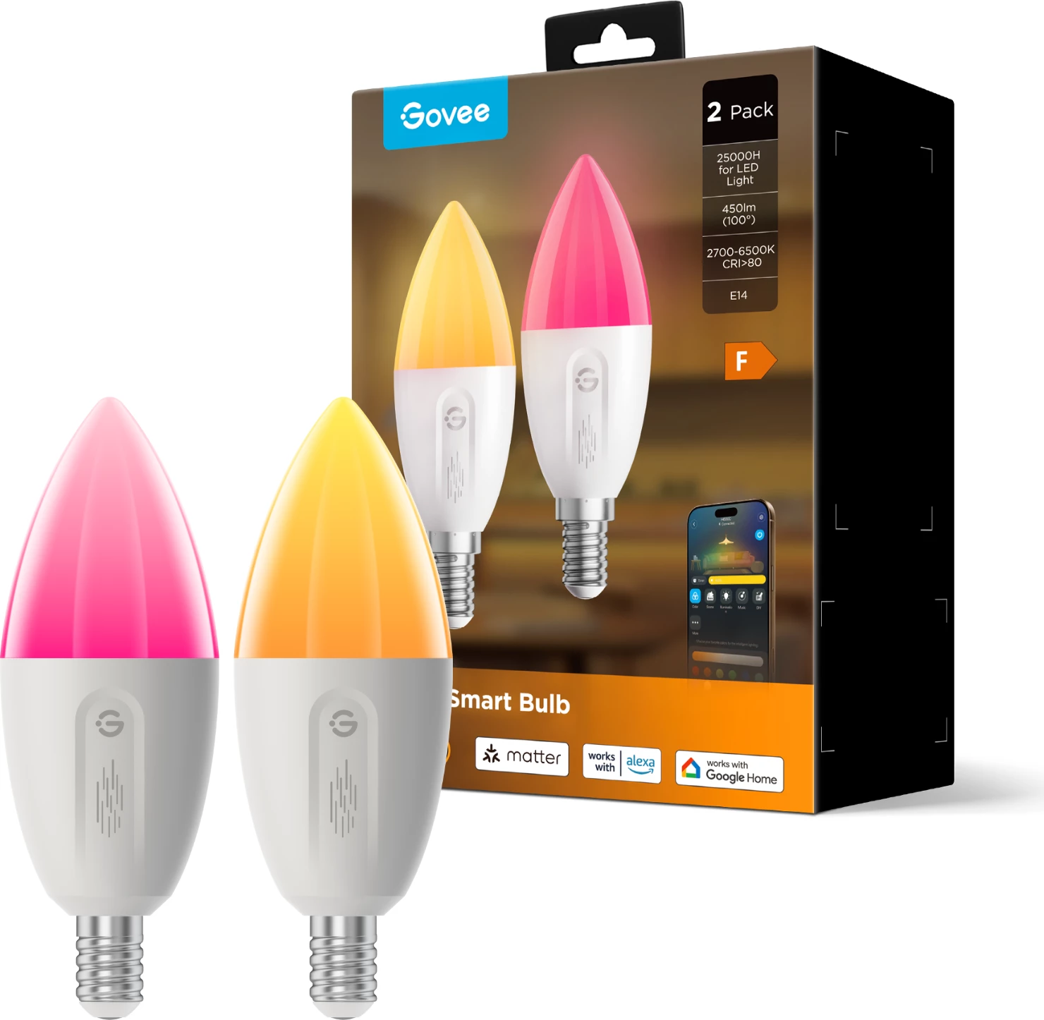 Poç LED smart Govee E14 RGBWW 450 lm, set 2 copë