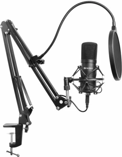 Mikrofon USB SANDBERG Streamer 126-07, cardioid 96kHz/24-bit, me krah tavoline & pop filter, i zi, set 7 pjesë