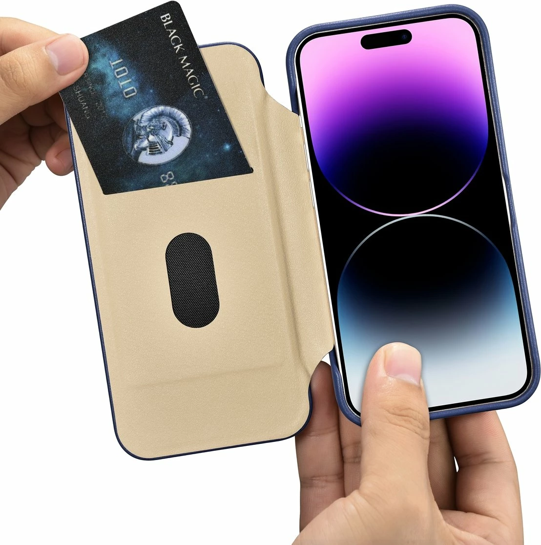 Mbështjellës iCarer CE Premium lëkurë folio për iPhone 14 Pro, MagSafe, Blu