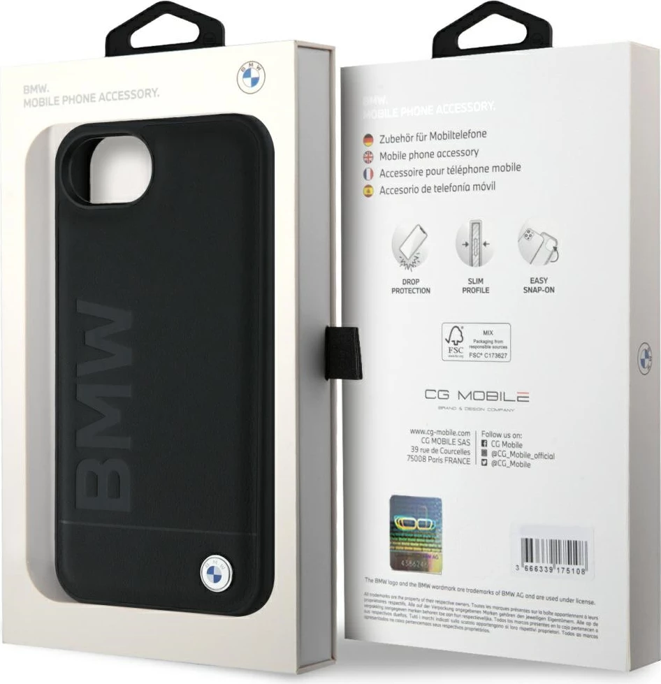 Mbështjellës BMW Leather Hot Stamp për iPhone 16e, Lëkurë natyrale, Zi