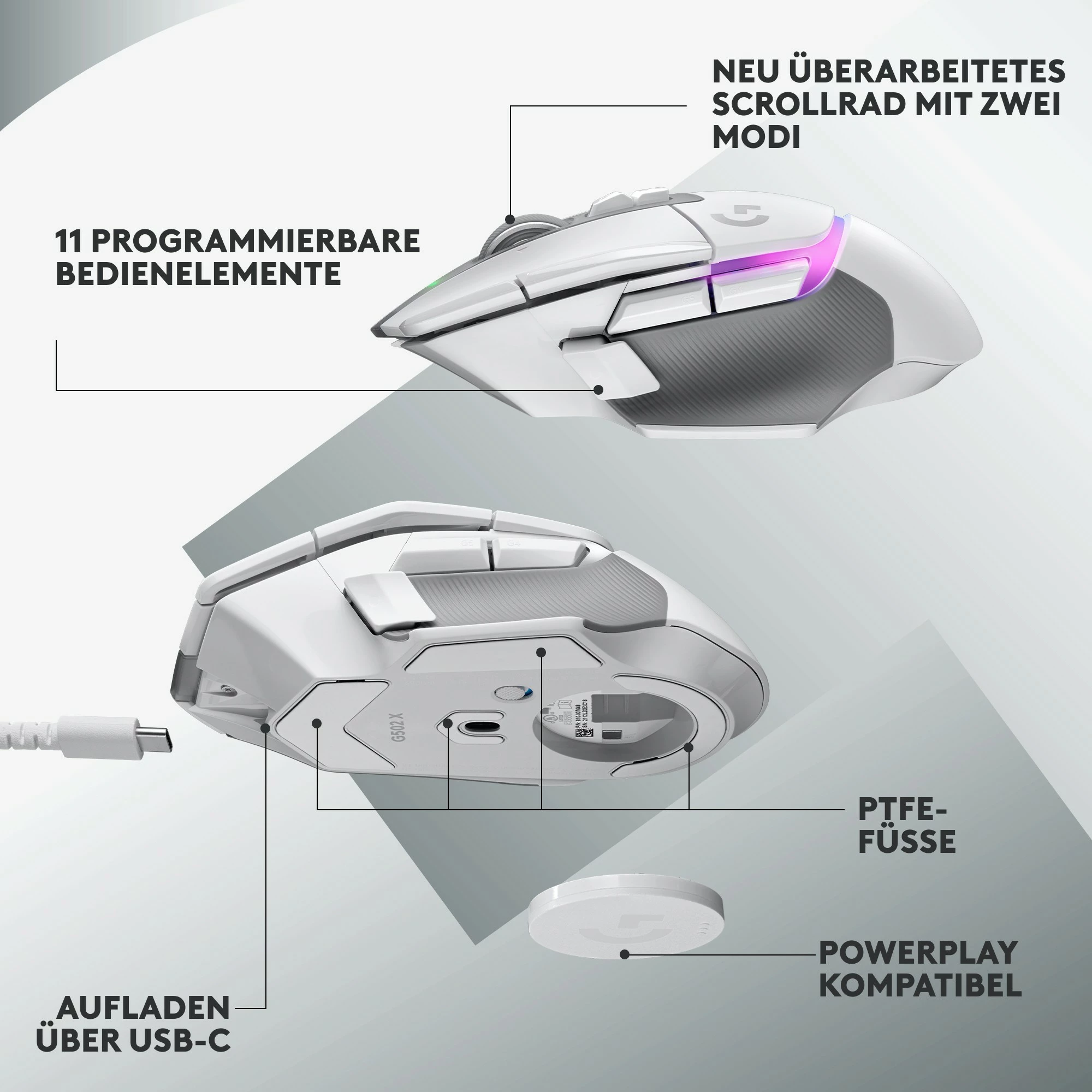Maus gaming Logitech G502 X PLUS, wireless, RGB, 25600 DPI, i bardhë