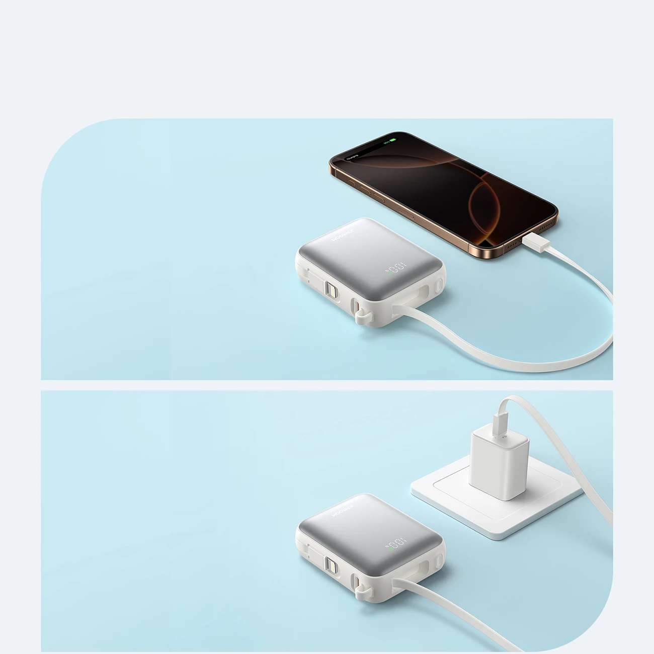 Powerbank Joyroom JR-PBF27, 10000mAh, 22.5W, me kabllo USB-C dhe Lightning të integruara, Bardhë