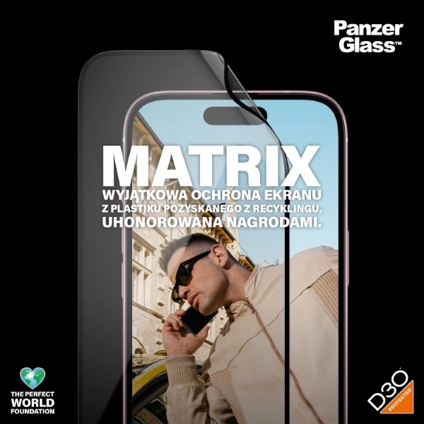 Xham mbrojtës PanzerGlass Matrix Ultra-Wide-Fit për iPhone 15 me pozicionues
