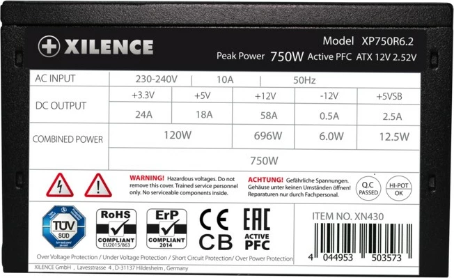 Furnizues energjie Xilence XP750R6.2, 750 W, 200 - 240 V, 50 Hz, 10 A, i zi