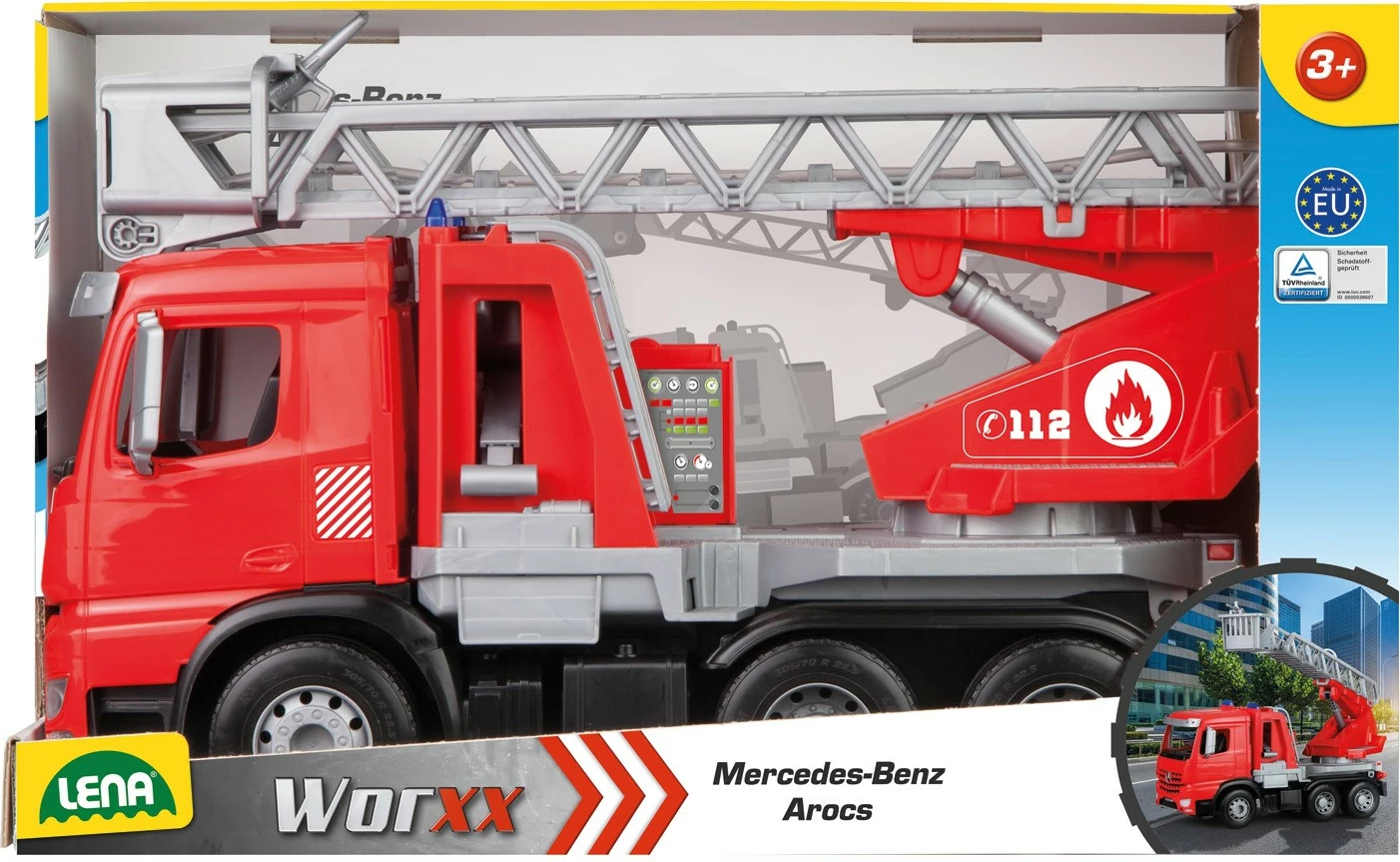 Kamion zjarrfikës lodër Lena Worxx Mercedes-Benz Arocs, 48 cm, Kuq/Gri