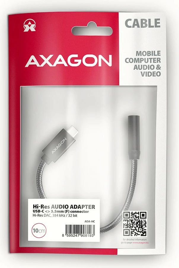 Kartë zanore e jashtme AXAGON ADA-HC, USB-C në 3.5mm, DAC 32-bit, 384kHz, E zezë