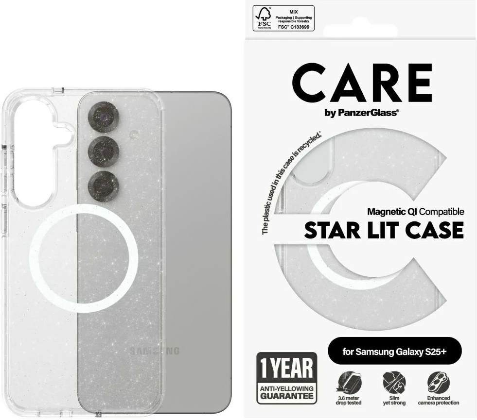 Mbështjellës PanzerGlass CARE Flagship Urban Combat StarLight White QI për Samsung Galaxy S25+, Transparent