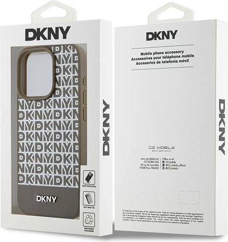 Mbështjellës DKNY Leather Printed Pattern Metal Logo MagSafe për iPhone 15 Pro, Kafe