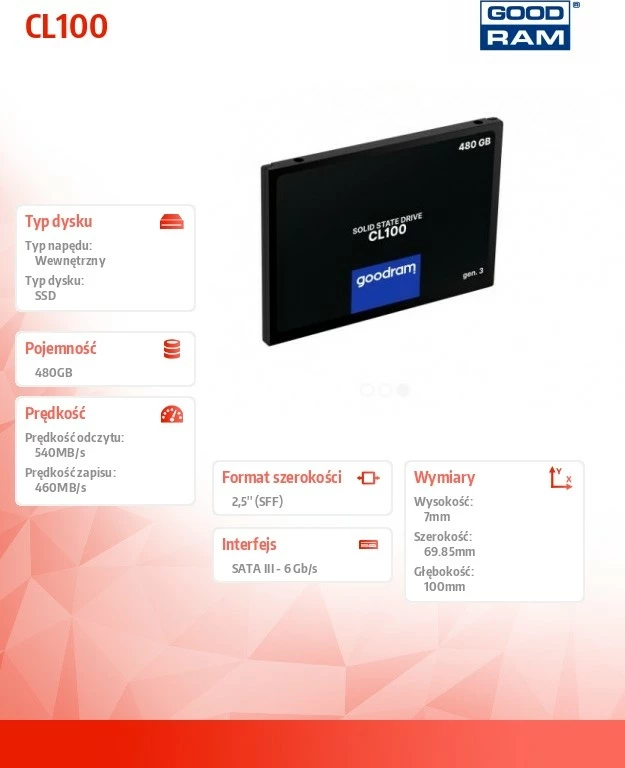 SSD GOODRAM CL100, 480 GB, 2.5", SATA III, zi