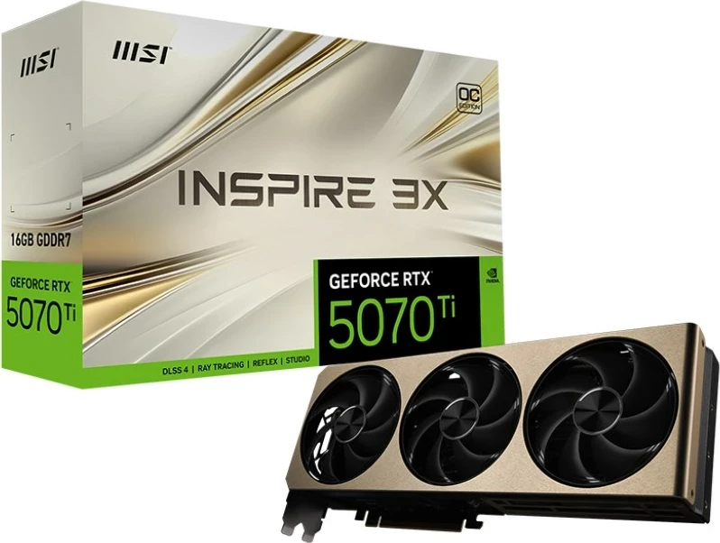 Kartelë grafike MSI GeForce RTX 5070 Ti INSPIRE 3X OC PLUS, 16 GB GDDR7, e artë