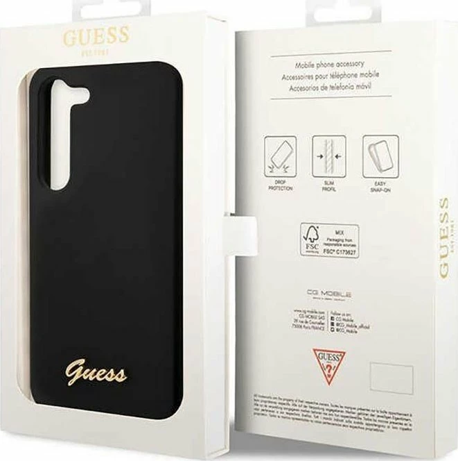 Mbështjellës Guess Silicone Script për Samsung Galaxy S23+, silikon, i zi