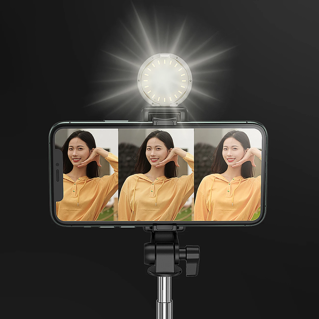 Selfie stick Hurtel WH1YXS tripod teleskopik 1m me llambë LED, mbajtëse telefoni, e zezë