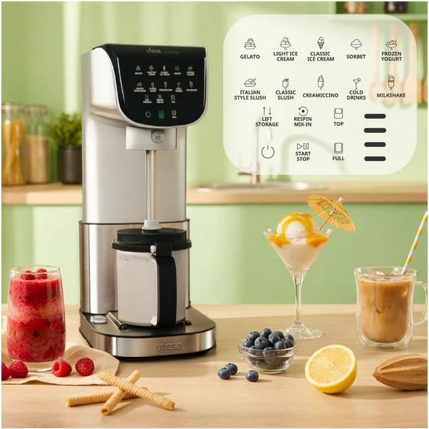 Aparat për akullore UFESA Gelatella 500 W 1.4 L, 2x700 ml tasa Tritan, inox/argjendtë