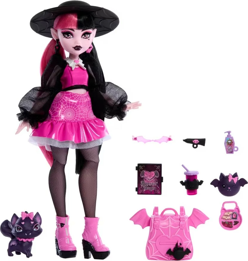 Kukull Monster High Mattel Draculaura HRP64 me aksesorë, rozë/zezë, me Count Fabulous