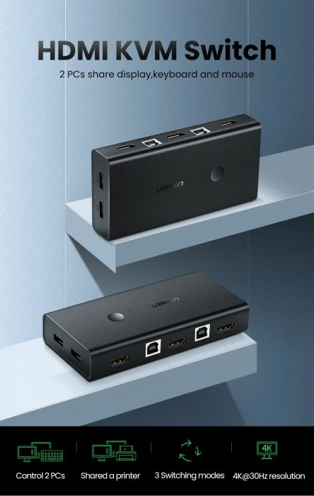 Switch KVM HDMI UGREEN 50744 2x1 4K@30Hz me hub 4xUSB 2.0, i zi, në kuti