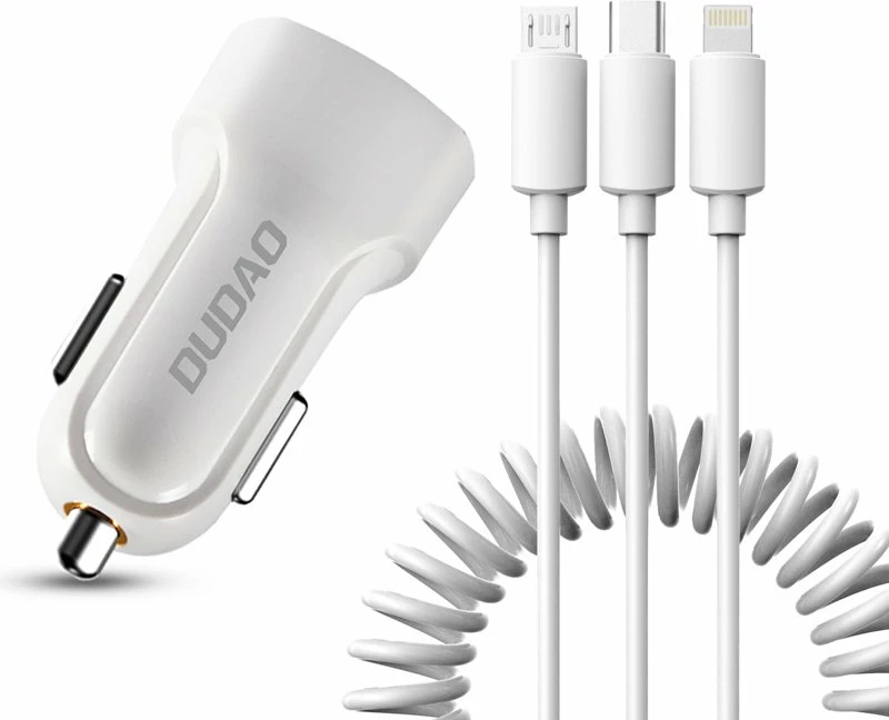 Karikues veture Dudao R7 me 2x USB, kabllo 3-në-1, 2.4A, Bardhë