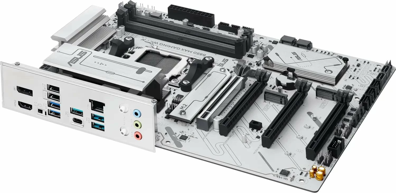 Pllakë amë Asus B850 MAX GAMING WIFI W ATX DDR5 deri 256GB, Wi‑Fi 6E/Bluetooth, e bardhë, me antenë WiFi dhe 2x kabllo SATA