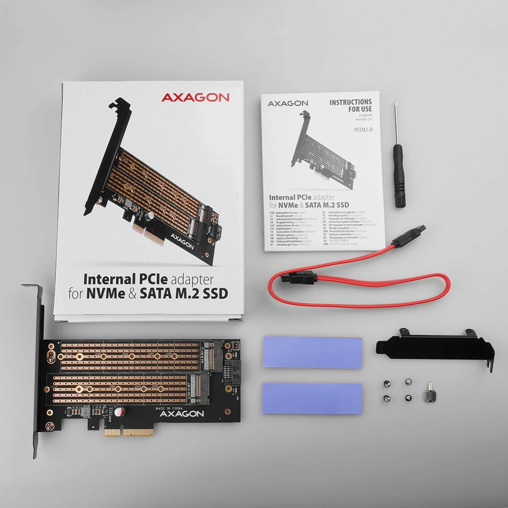 Adapter PCIe x4 AXAGON PCEM2-D për 1x M.2 NVMe M-key + 1x SATA B-key, me aksesorë, i zi