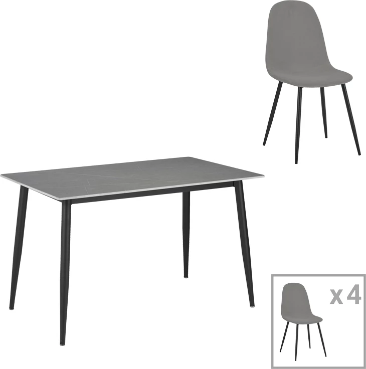 Tavolinë me karrige Gustas-Bella set prej 5 copash, gur i sinteruar, ngjyrë mermeri gri, metal i zi, 120x60x75cm