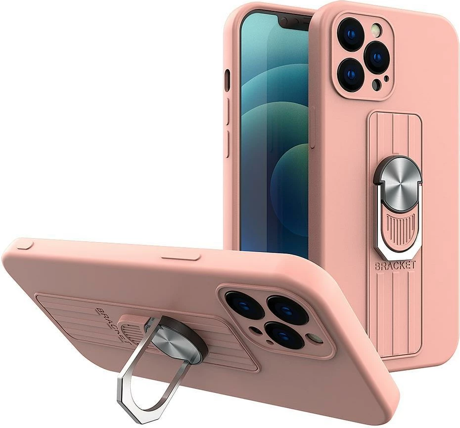 Mbështjellës silikoni Hurtel Ring Case për Samsung Galaxy S22 Ultra, me dorezë dhe mbajtëse, Rozë