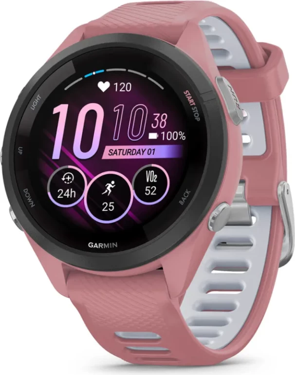 Smartwatch Garmin Forerunner® 265S Black Bezel, Light Pink Case, Light Pink/Dusty Grey Silicone Strap, 42 mm