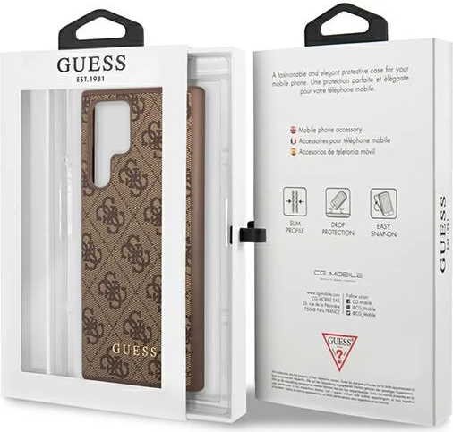 Mbështjellës Guess 4G për Samsung Galaxy S22 Ultra, lëkurë sintetike, kafe
