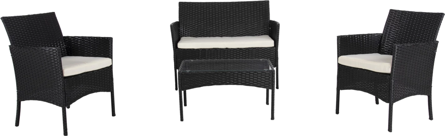 Set salloni për jashtë 4 pjesë STASIA FH6089.04 ratan sintetik në të zezë-jastëkë në bezhë