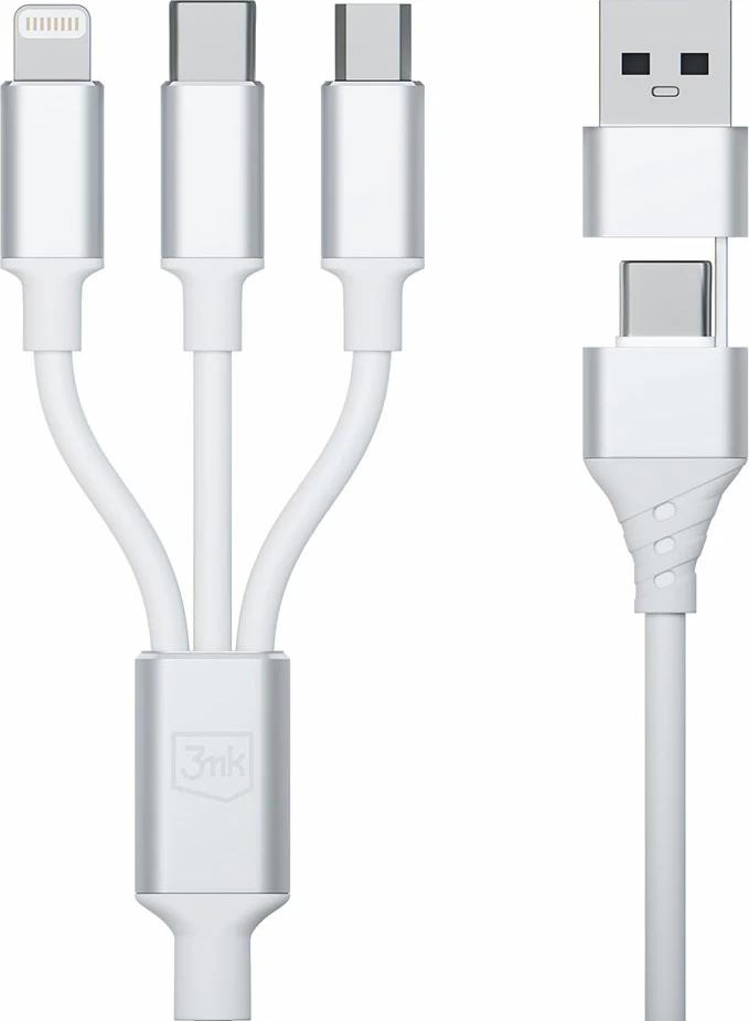 Kabllo 3in1 3mk Hyper Cable, 1.5m, USB-A në USB-C/Micro USB/Lightning, Bardhë