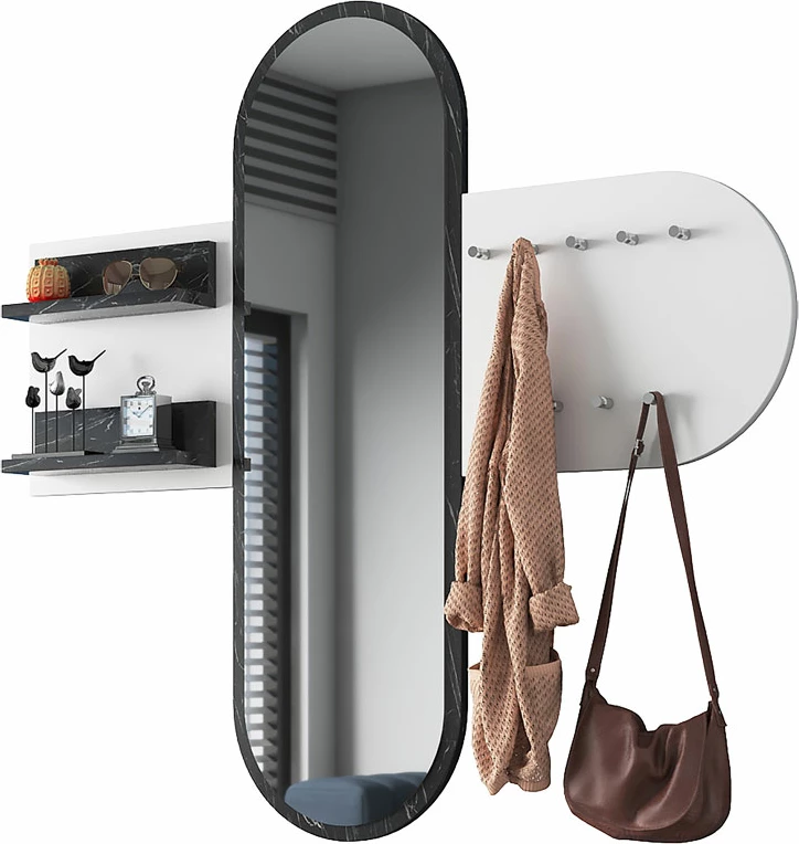 Varëse muri me pasqyrë, ngjyrë mermeri bardhë-e zezë, 125x8x122cm