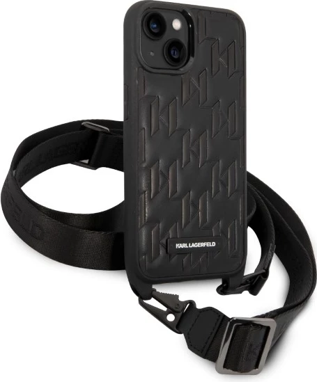 Mbështjellës Karl Lagerfeld Monogram Plaque Logo për iPhone 14/15/13 6.1", i zi me rrip