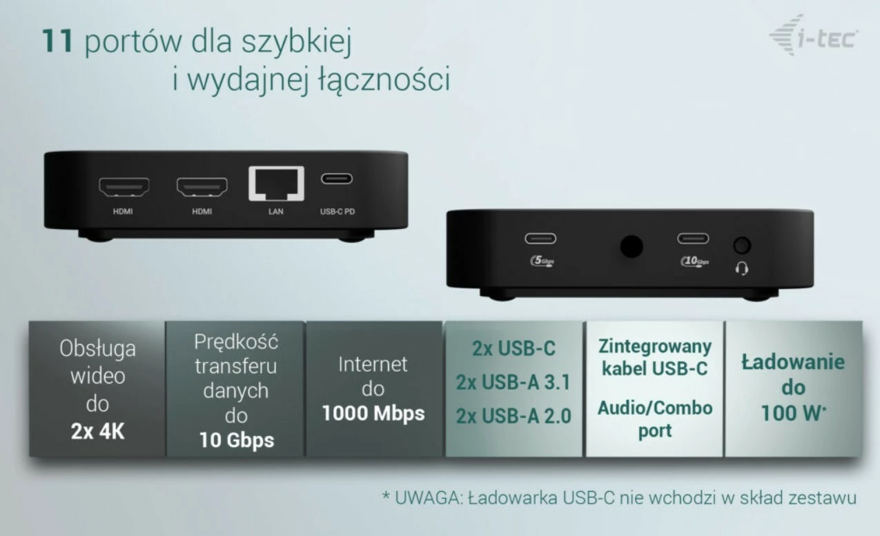 Kasë i-tec C31DUALHDMIDPD100 me 2x HDMI, USB-C Dock, 100W, e zezë