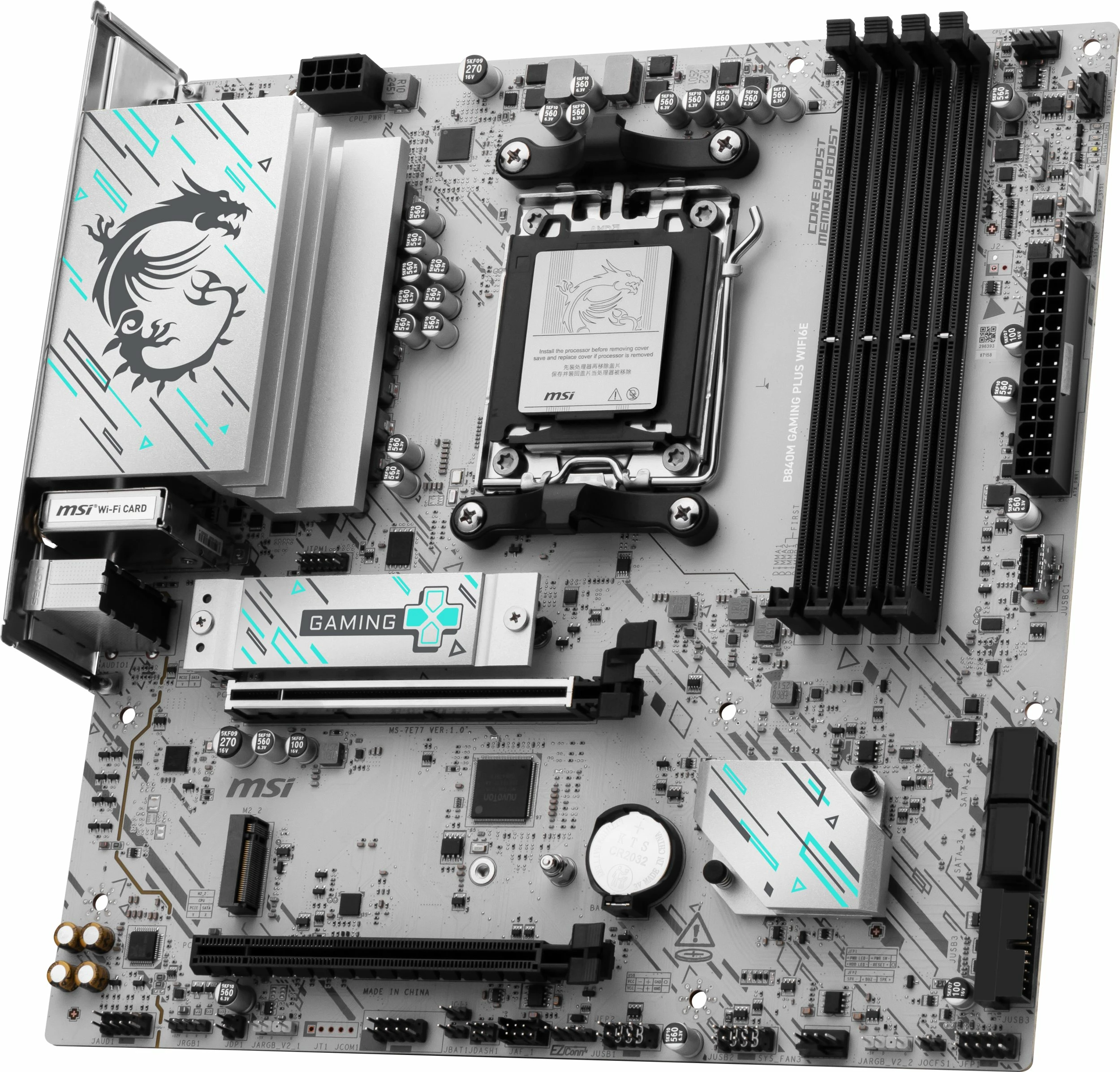 Pllakë amë MSI B840M GAMING PLUS WIFI6E AM5 Micro-ATX DDR5 Wi‑Fi 6E Bardhë/Gri