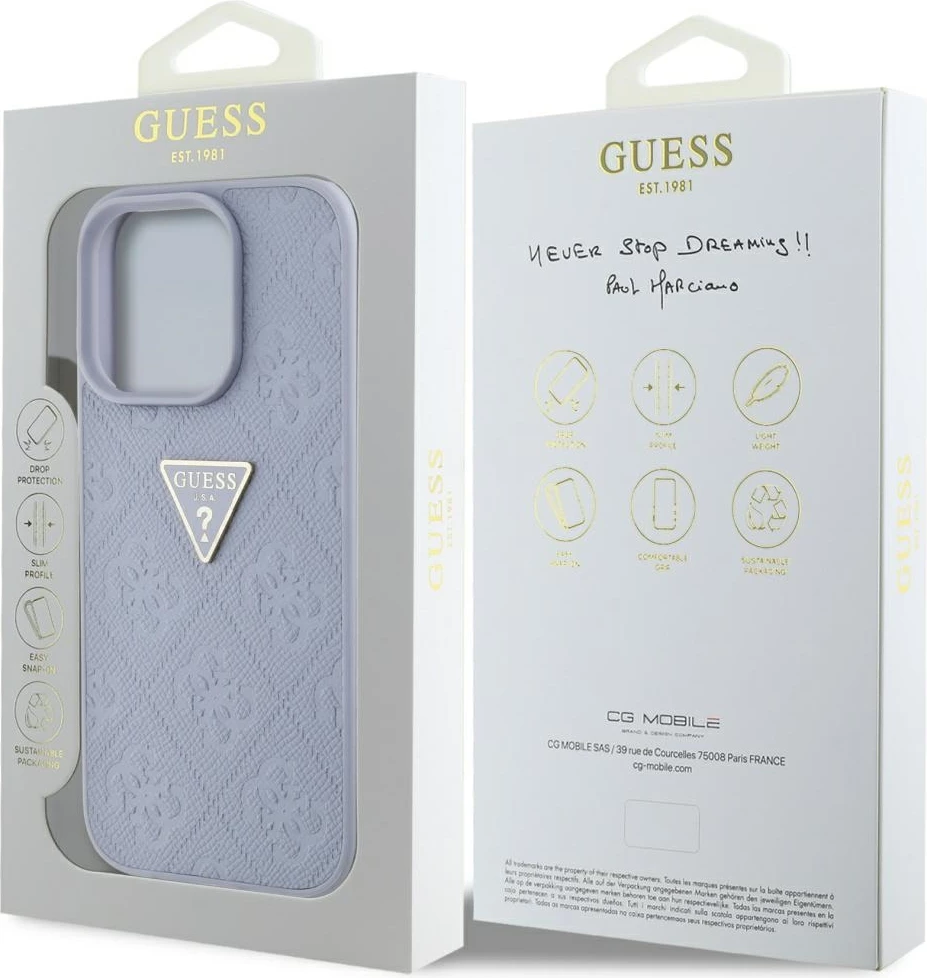 Mbështjellës Guess Hot Stamp 4G Pattern Triangle Metal Logo për iPhone 16 Pro Max, Vjollcë
