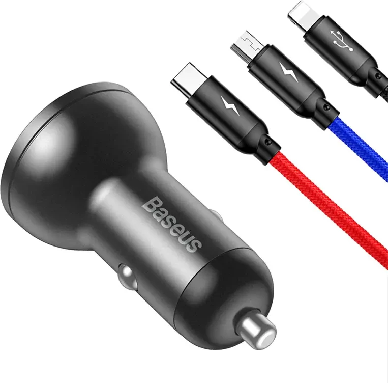 Karikues veture Baseus TZCCBX-0G, 24W, me ekran, 2x USB-A, kabllo 3-në-1, 1.2m, argjendtë