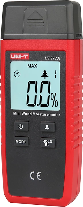 Matës lagështie druri, UNI-T UT377A, diapazon 2-40%, kompensim temperature, ekran me ndriçim, i kuq-gri