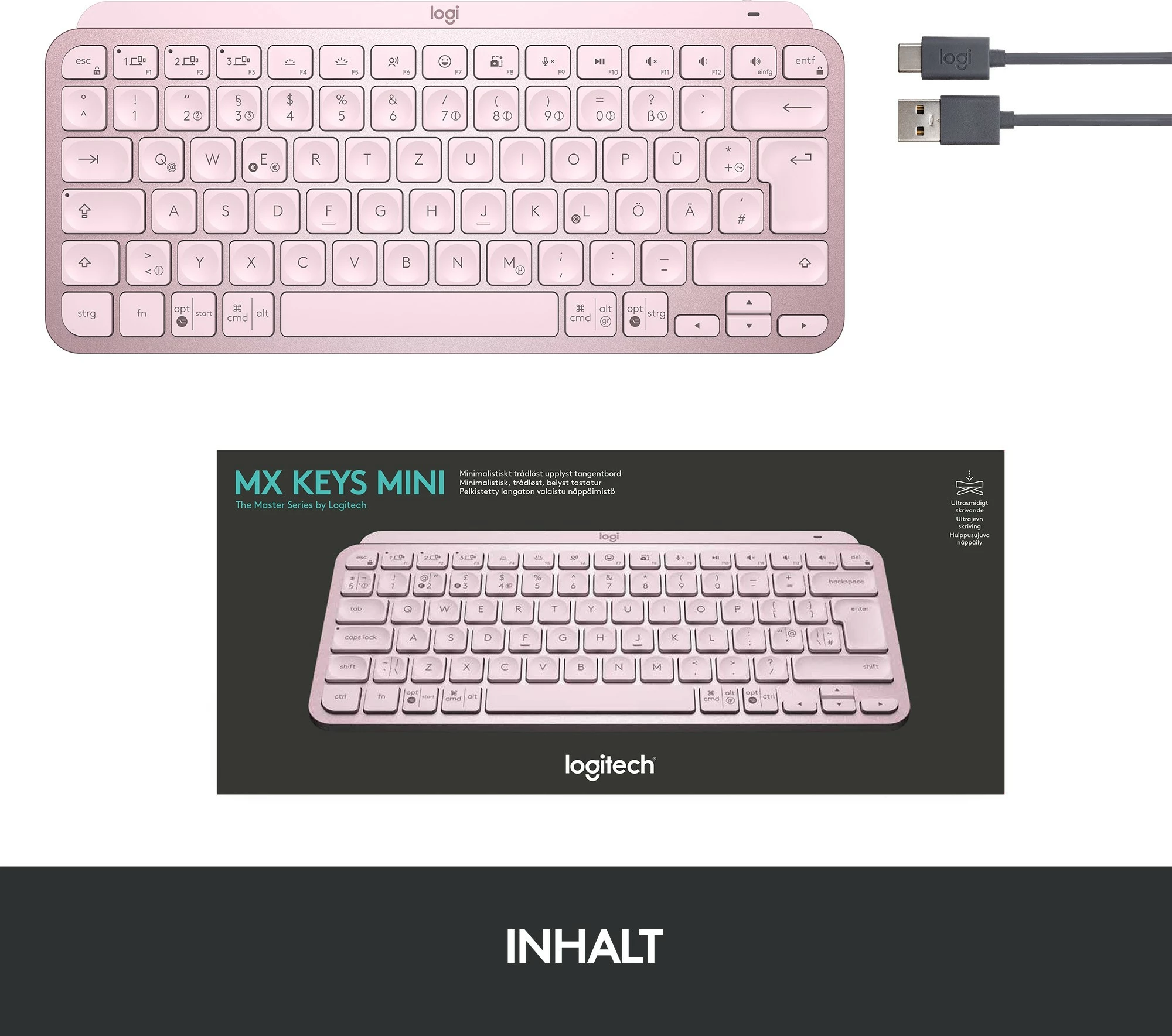 Tastierë wireless Logitech MX Keys Mini, ndriçim, rozë