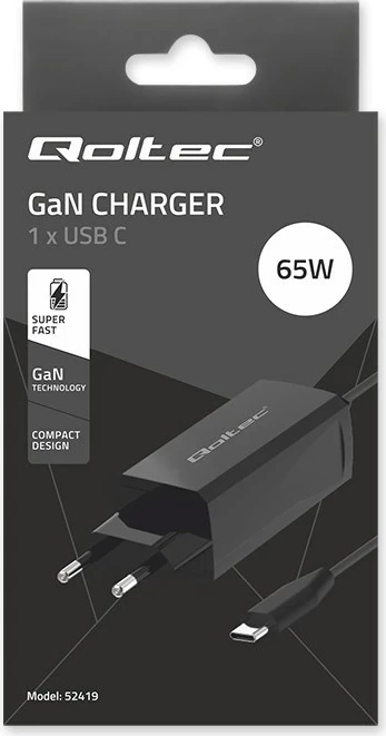 Karikues universal Qoltec 52419, 65W, GaN, USB-C 3.1, i zi