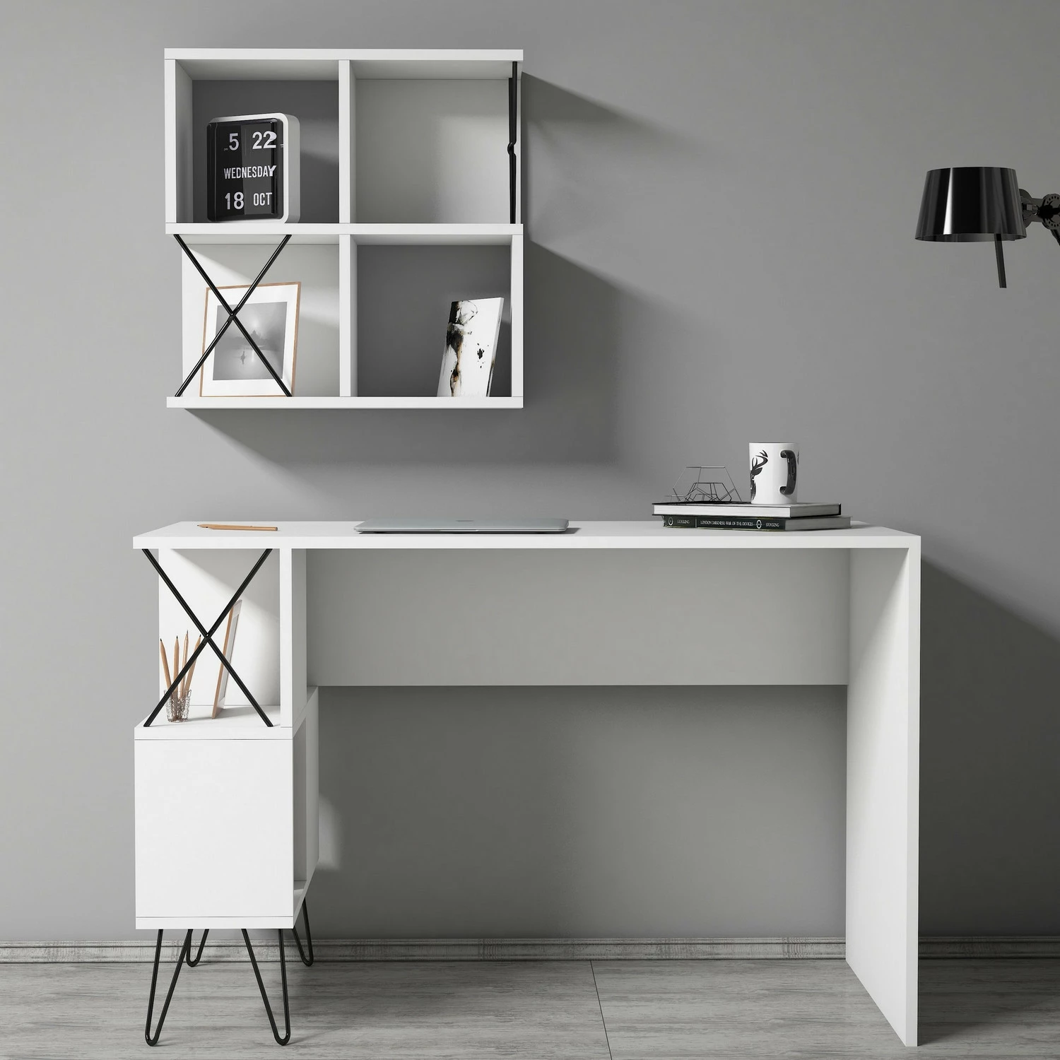 Tavolinë studimi moderne, e bardhë/zezë, Skye Decor, Extra 2, me rafte muri