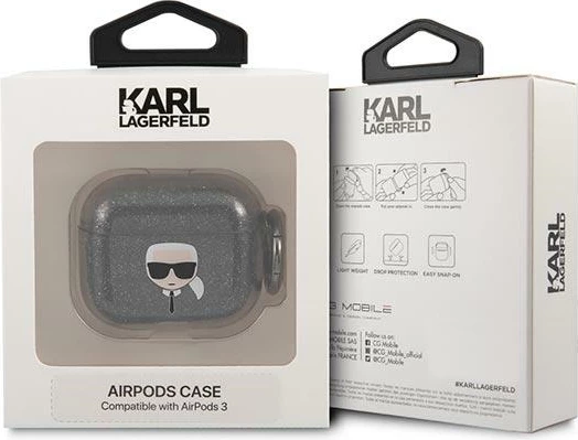 Mbështjellës Karl Lagerfeld KLA3UKHGK për AirPods 3, Glitter Karl`s Head, i zi