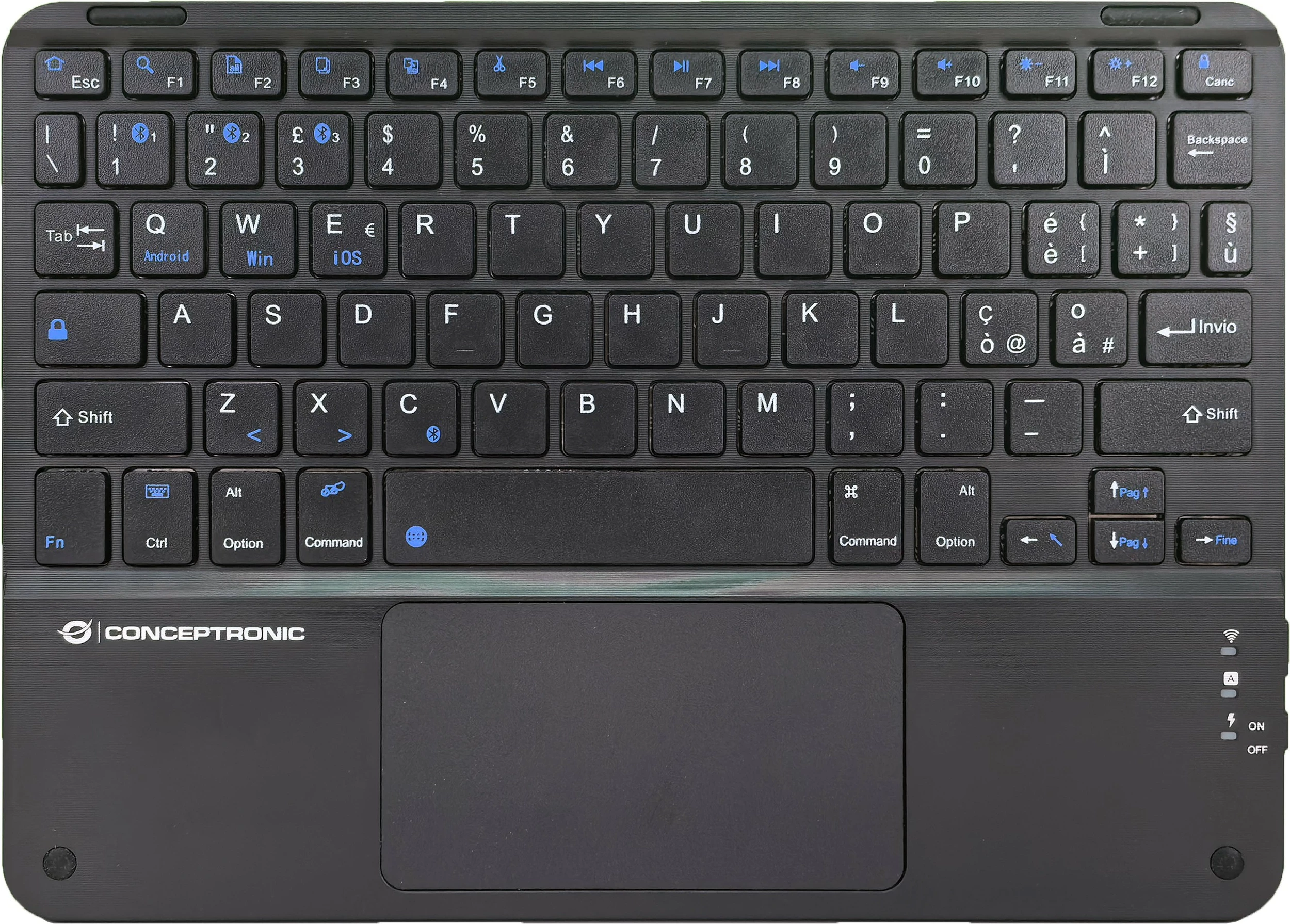 Tastierë wireless Conceptronic, QWERTY italian, touchpad, Bluetooth, e zezë