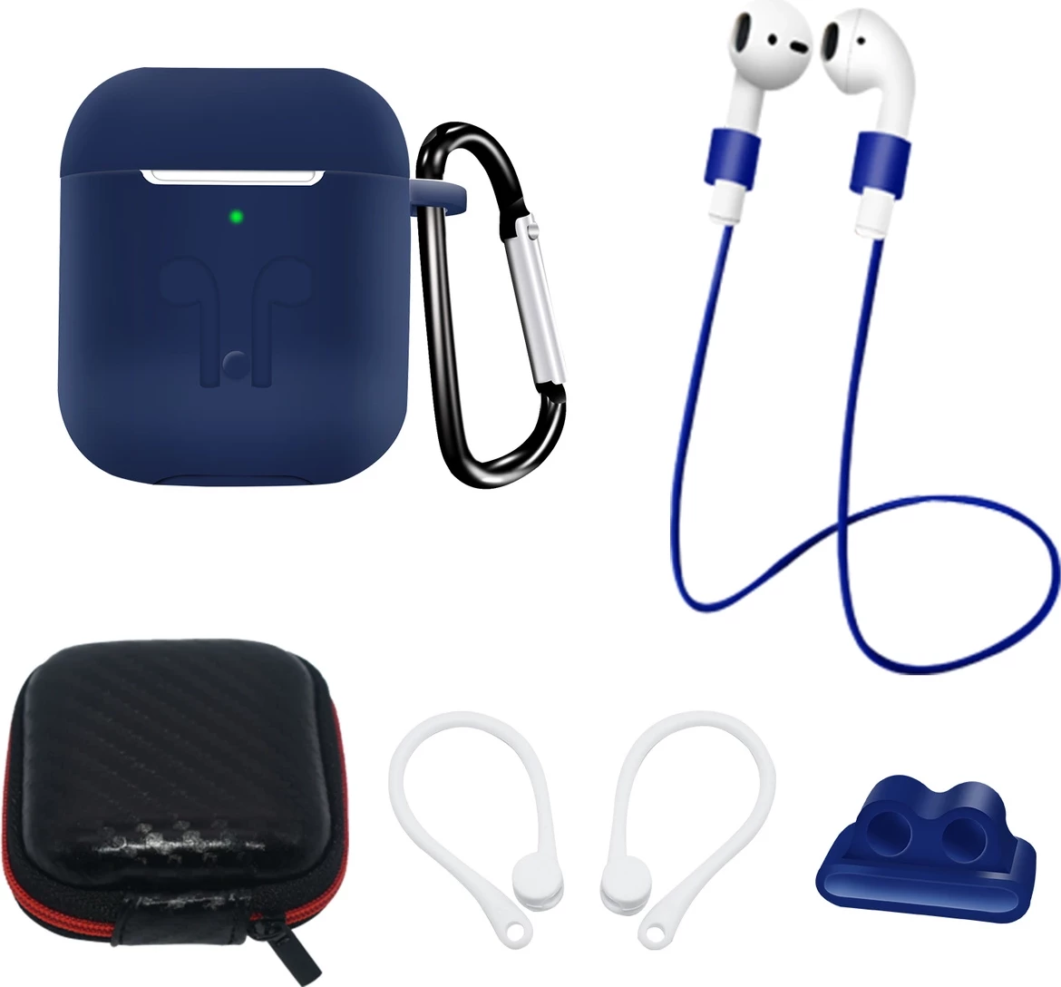 Set aksesorësh për kufje AirPods 1/2 Hurtel, mbështjellës silikoni me karabiner, kutizë, rrip qafe, mbajtëse për vesh dhe rrip ore, kaltër